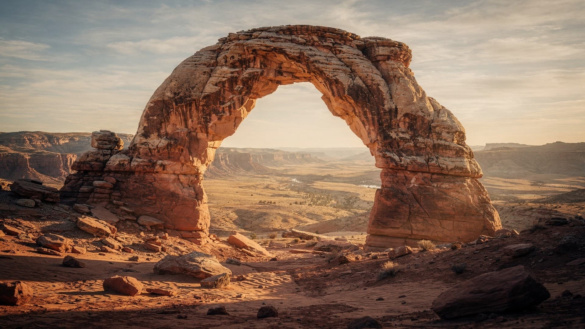 A freestanding stone archway opening onto a sunlit landscape, evoking independent Scientology stepping beyond the corporate Church of Scientology.