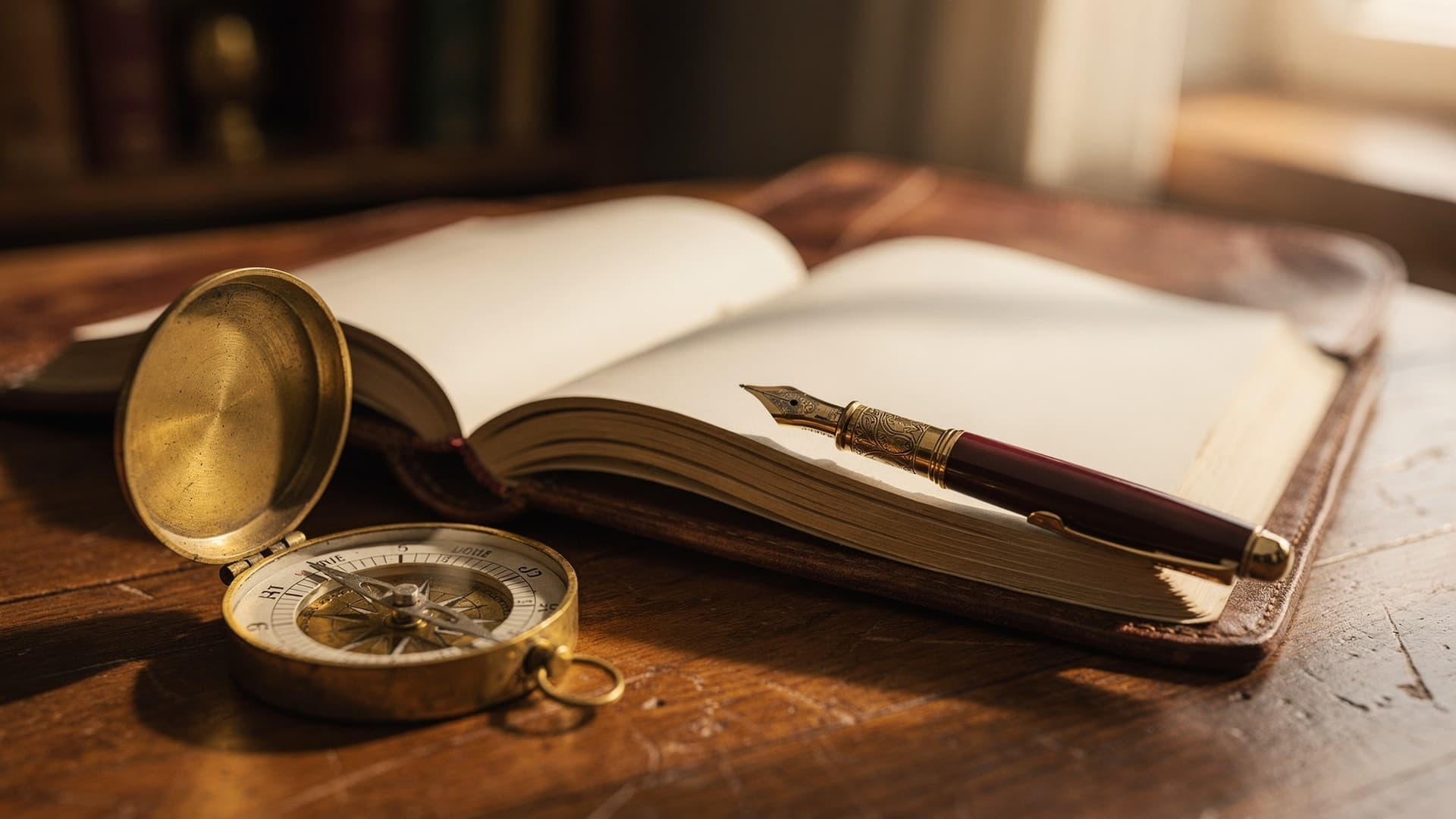 An open journal, pen, and compass on a sunlit desk evoking L. Ron Hubbard's life as writer, researcher, and founder of Dianetics and Scientology