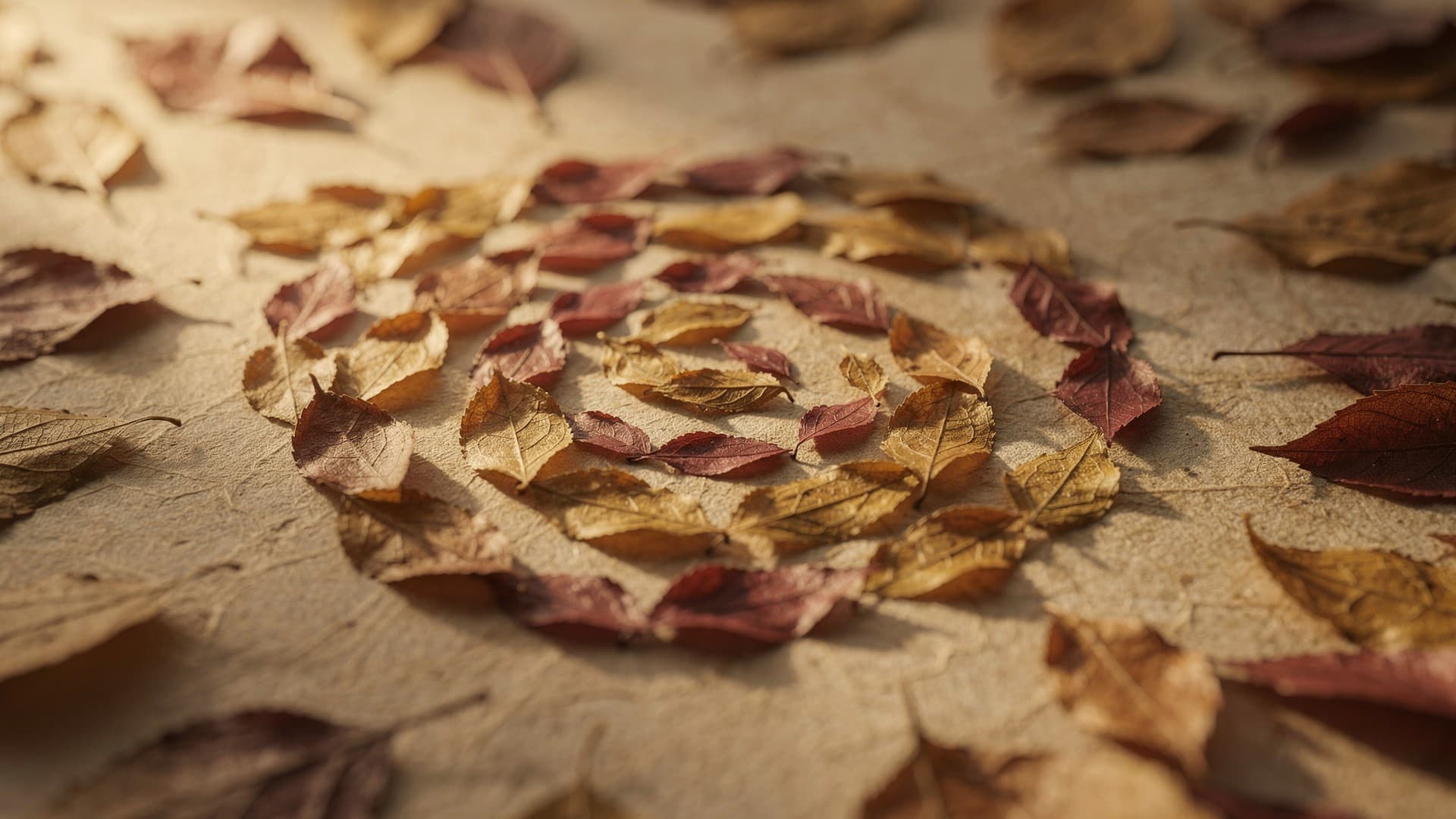 Scattered leaves arranging into an orderly spiral, illustrating the principle of bringing order out of chaos