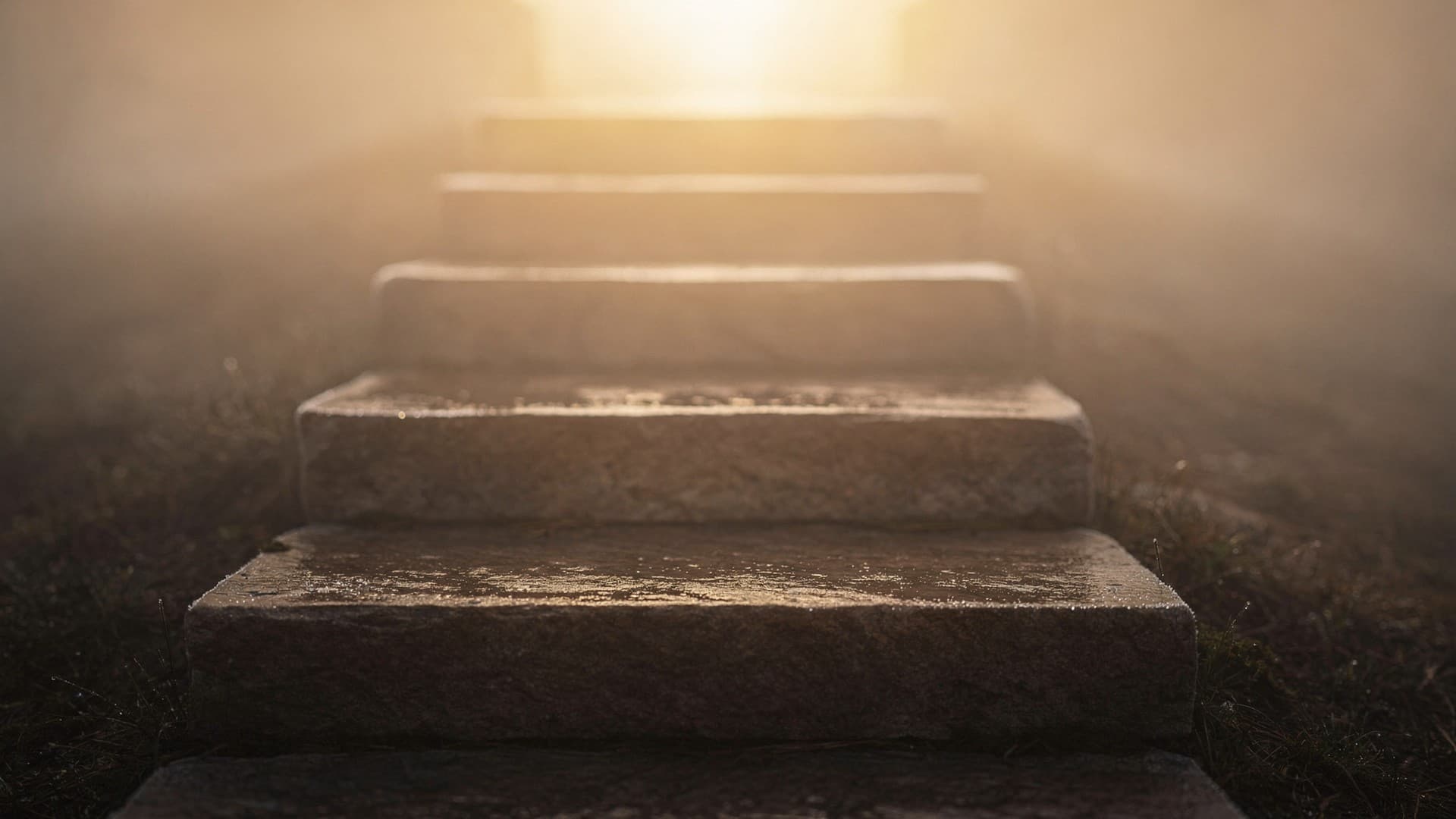 Three ascending stone steps emerging from clearing mist, symbolizing the three barriers to study and the clarity that follows handling them