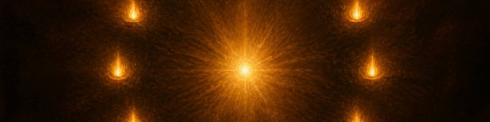Painting of small flames arranged in a ring around one brighter central light, burning out of deep umber darkness.