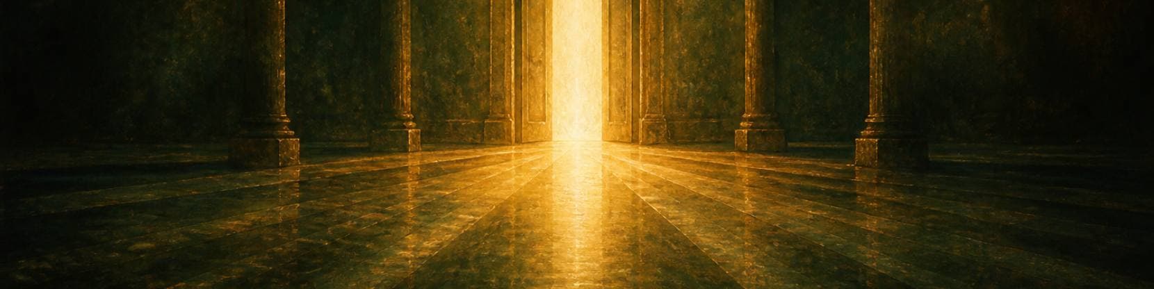 Painting of a tall doorway filled with warm light at the end of a dark colonnaded hall, its glow spilling across the polished floor.
