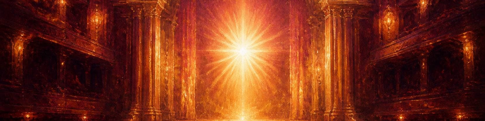 Painting of a theatre stage ablaze with golden light between tall columns, the dark auditorium falling away on either side.