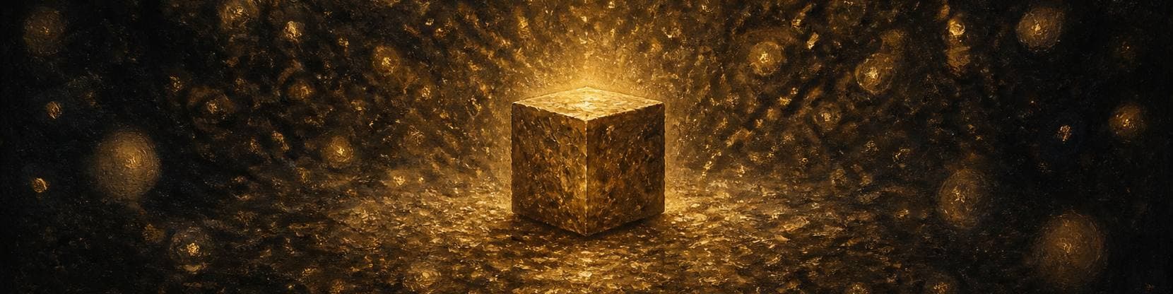 Painting of a single solid cube glowing steadily while countless small motes of light drift and blur all around it.