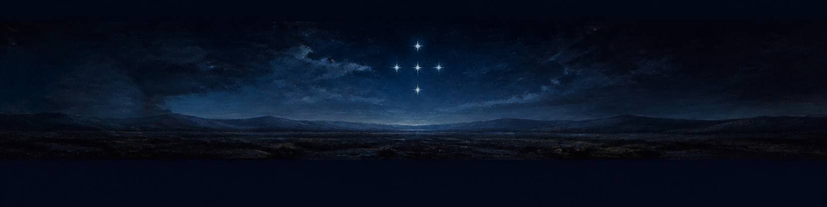 Painting of a dark southern horizon under a vast night sky, a bright cross of five stars burning above it.