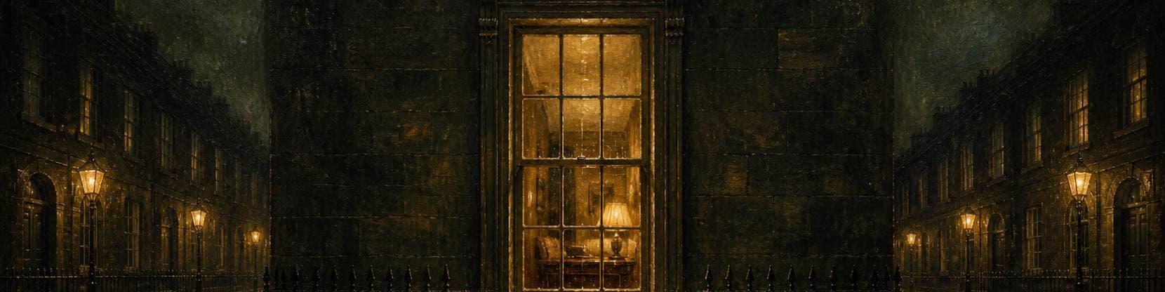 Painting of a tall Georgian window glowing with lamplight on a rain-wet London street, gas lamps receding either side.