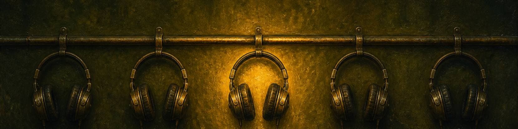 Painting of a row of vintage headphone sets hanging from hooks along a long rail, the central pair lit warmly.