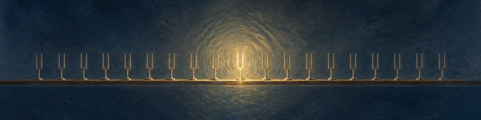 Painting of a row of tuning forks standing on a long bench, the central fork ringing with rings of pale golden light.