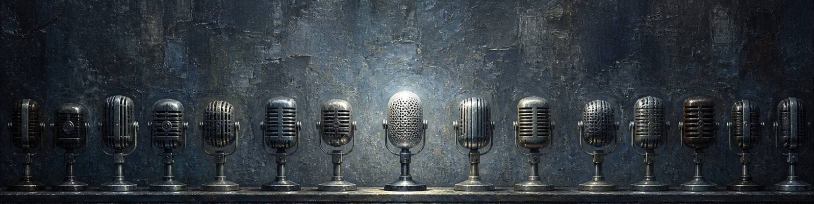 Painting of a row of nineteen-fifties desk microphones ranged along a shelf against a weathered slate-blue wall.