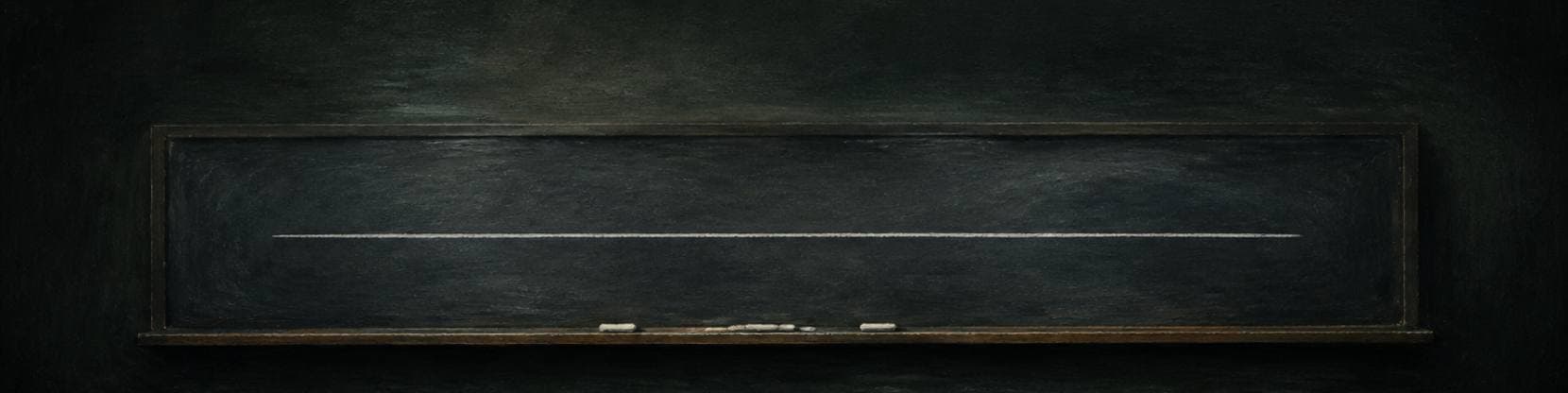 Painting of a wide slate blackboard wiped clean, one chalk line drawn across it, chalk resting in the tray below.
