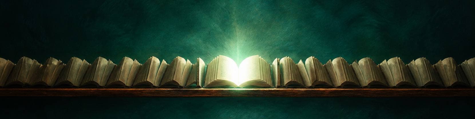 Painting of a long rack of books standing open on their fore-edges with pages fanned, the central book glowing from within.