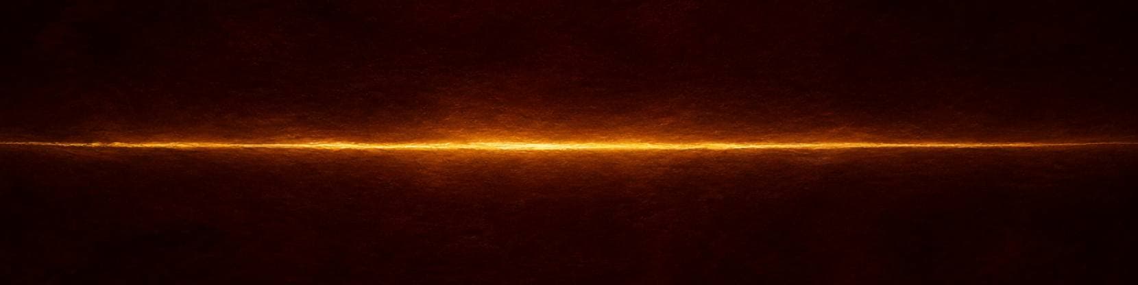 Painting of a single ribbon of golden light stretched taut across a dark hall, glowing along its whole length.