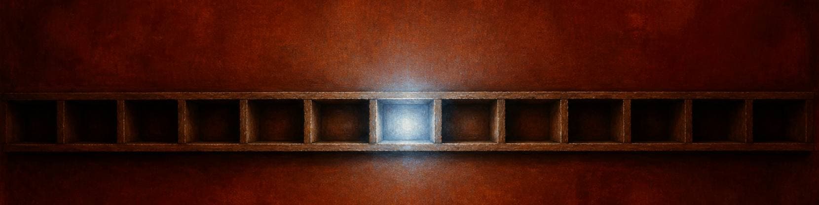 Painting of a long wall of small wooden pigeonholes, the central compartment glowing with a pale silver light.