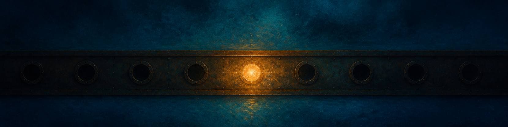 Painting of a dark ship's hull with a row of round portholes along it, the central porthole glowing warm gold.