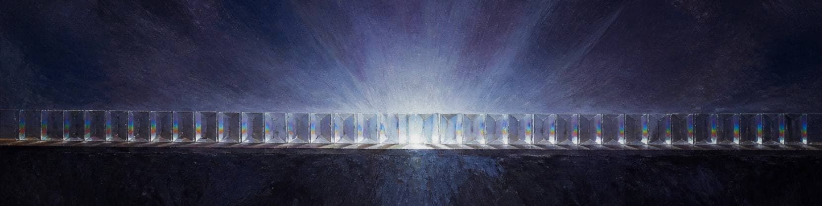 Painting of a row of glass prisms standing on a dark ledge, refracting cool white light across a slate-violet ground.