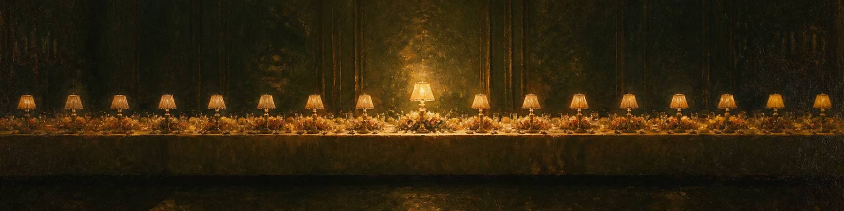 Painting of a long banquet table receding into a dark panelled hall, a row of small shaded lamps burning warmly down its length.