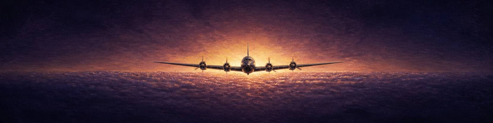 Painting of a nineteen-fifties four-engined airliner seen head on above a sea of cloud at dawn.
