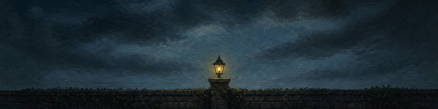 Painting of a low stone estate wall at twilight, a single lantern burning warm on its central gate pier.